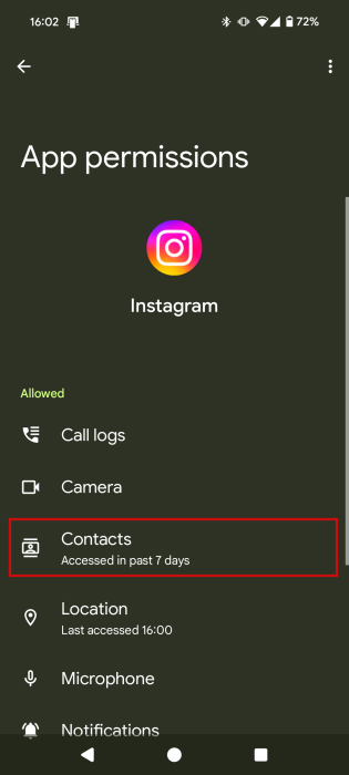 Tapping on "Contacts" under Instagram in Android Settings. 