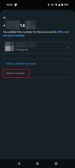 Pressing "Delete" button for phone number in Instagram app. 