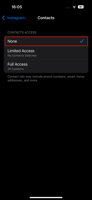 Switching Instagram contact access to "None" on iPhone. 