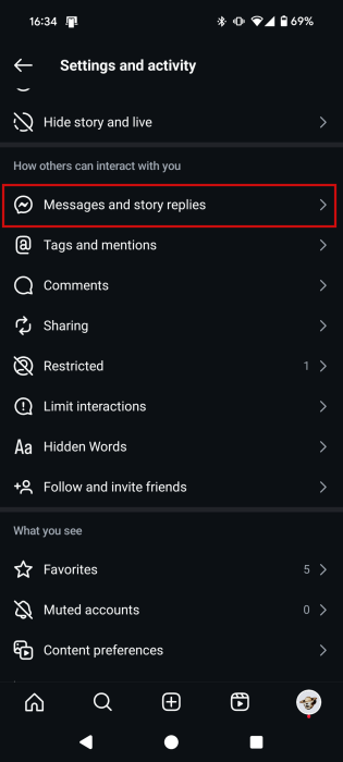 Tapping on "Messages and story replies" in Instagram on mobile. 