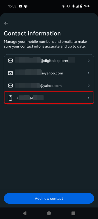 Selecting phone number in Instagram app. 