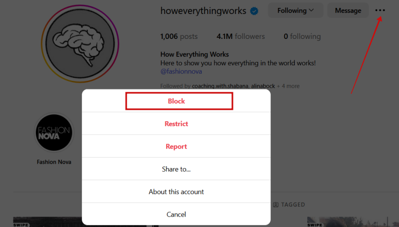 Blocking account in the web version of Instagram. 
