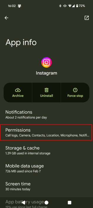 Accessing "Permissions" for Instagram via Android settings. 