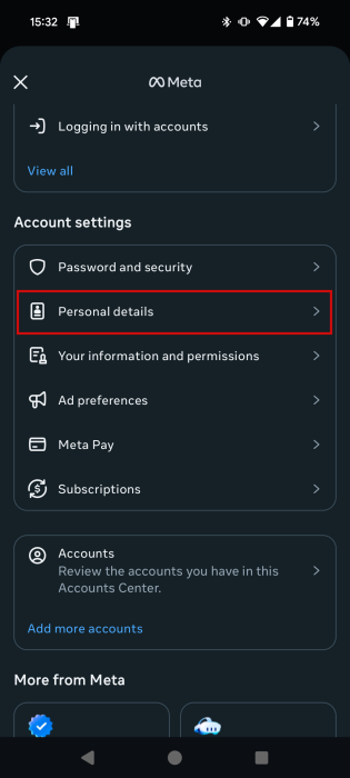 Selecting "Personal details" in Instagram Accounts Center on mobile. 