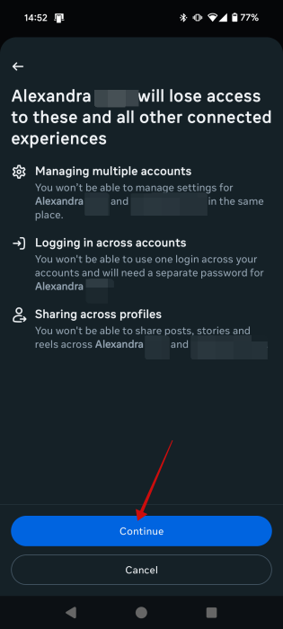 Pressing "Continue" button to unlink Facebook from Instagram on mobile. 