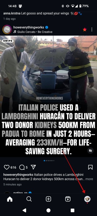 Tapping profile picture in Instagram feed on mobile.