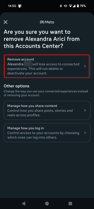 Tapping first "Remove account" option in Instagram app. 