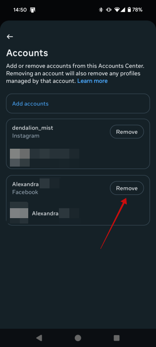 Pressing "Remove" button to unlink Facebook from Instagram on mobile. 