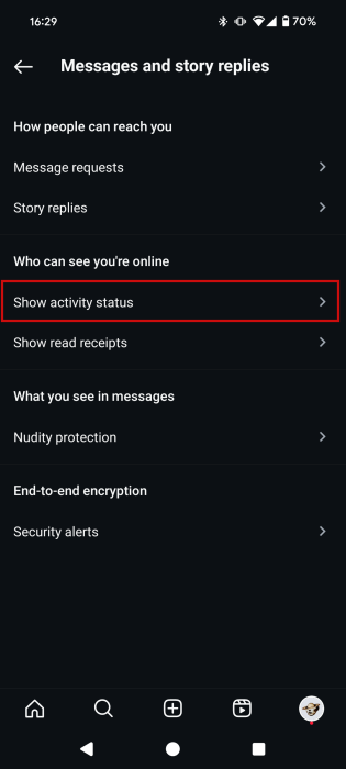 Navigating to "Show activity status" in Instagram app. 