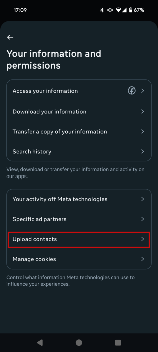 Tapping on "Upload contacts" in Instagram Accounts Center on mobile.