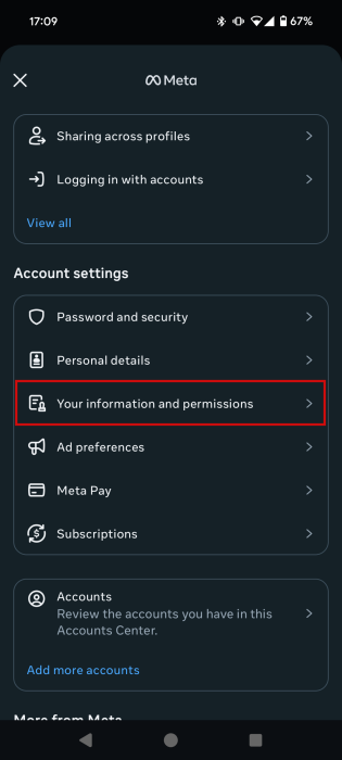 Tapping on "Your information and permissions" in Instagram Accounts Center on mobile.