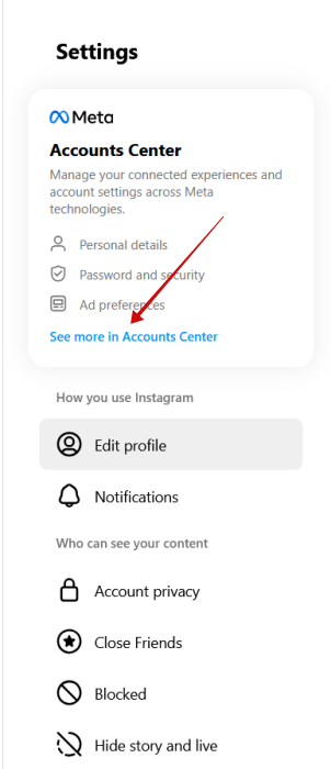 Clicking "Accounts Center" in Instagram on PC. 