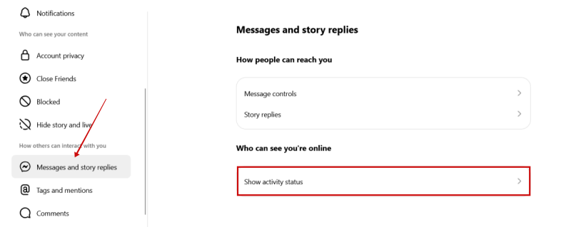 Disabling activity status in Instagram on PC. 