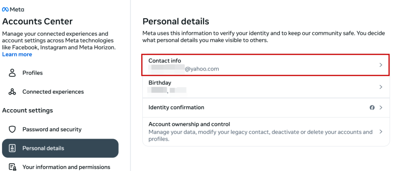 Tapping on "Contact info" in the web version of Instagram. 