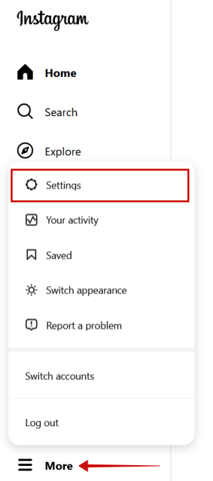 Tapping on "Settings" in leftside menu in Instagram on PC. 