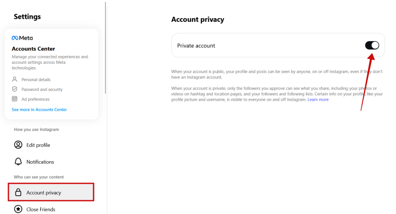 Switching to private account on Instagram for PC.