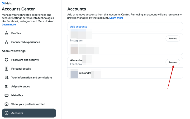 Removing Facebook account from Instagram on PC. 