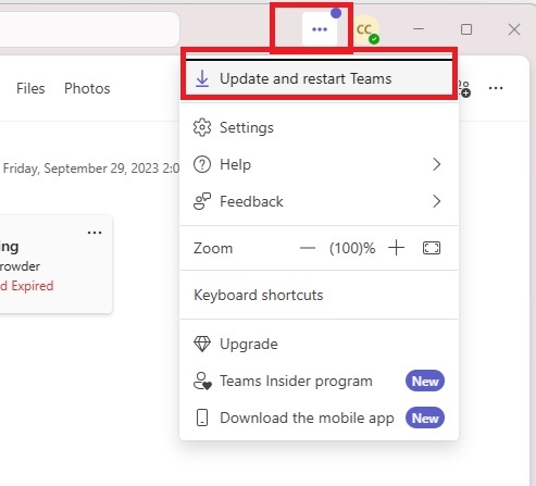 Updating Teams via the menu.