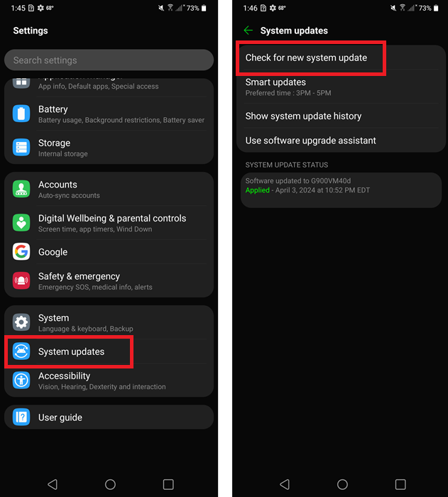 Checking for system updates on LG phone.