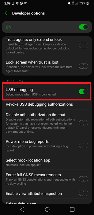 Turning on USB debugging.