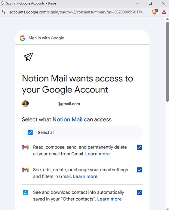 Notion Mail asking for permissions from Gmail.