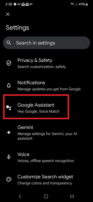 Checking for Google Assistant settings.