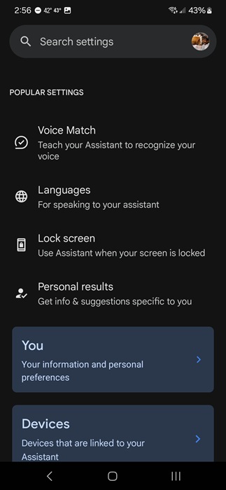Viewing settings within Google Assistant app.