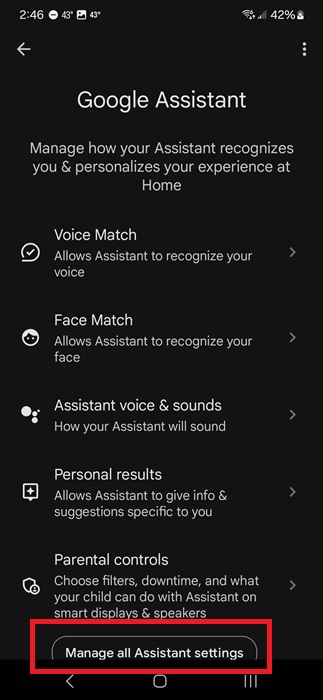 Accessing even more Google Assistant settings in Google Home.
