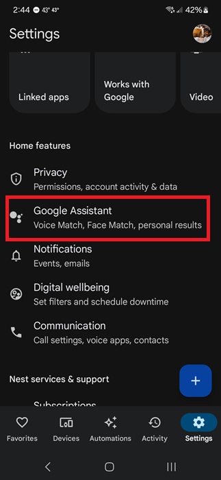 Accessing Google Assistant within Google Home app.