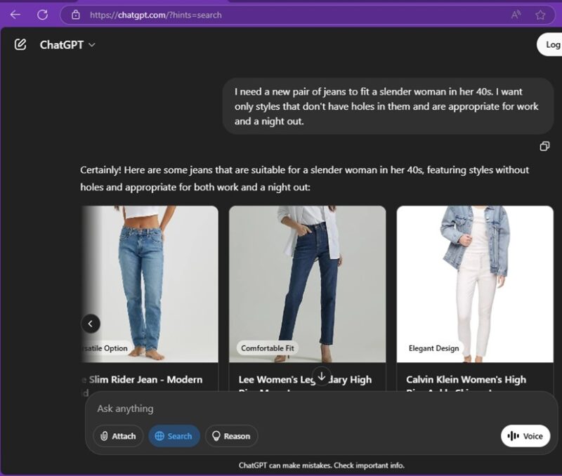 Shopping for jeans with ChatGPT search.