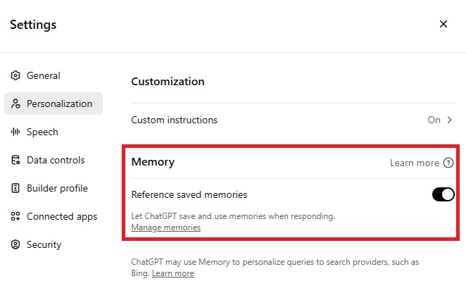 Turning off memories in ChatGPT.