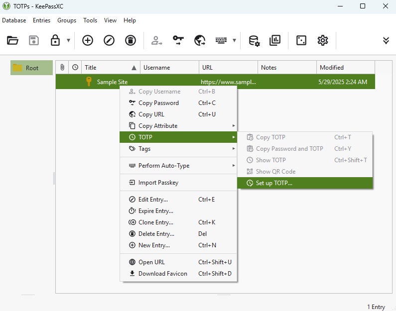 Add a new TOTP option to an entry.