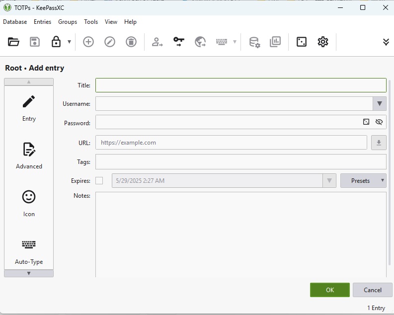 Setup KeePassXC entry.