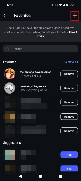 Adding additional Favorite accounts to your Instagram list.