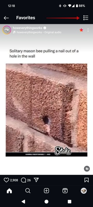 Tapping hamburger menu in Favorites feed on Instagram.