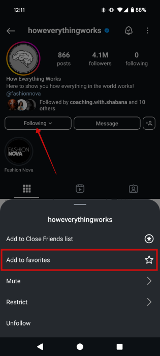 Adding Instagram account to Favorites.