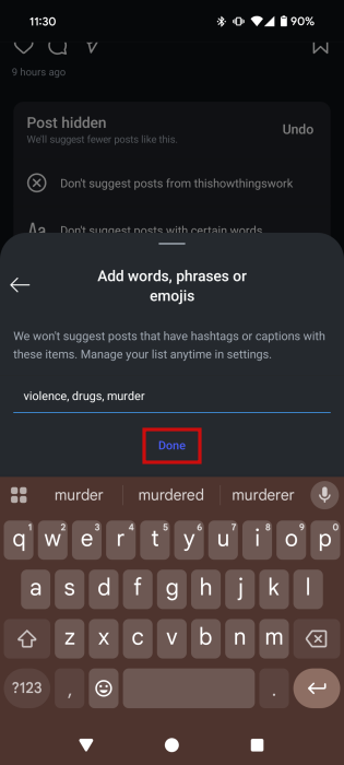 Adding keywords to exclude content from Suggested Posts in Instagram app.