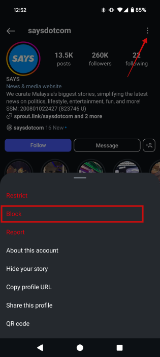 Blocking an account on Instagram app.