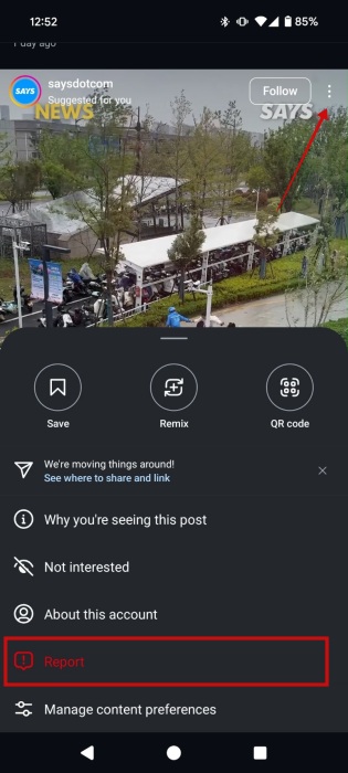 Reporting directly from Suggested Post in Instagram feed.