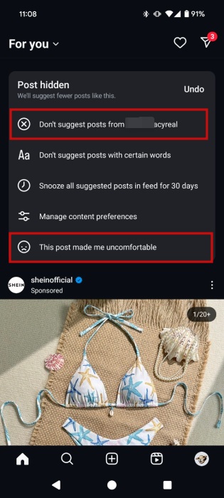 Multiple options available after Suggested Post hidden in Instagram app.