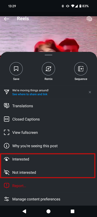 Tapping on "Interested/Not interested" for Suggested Reel in Instagram app.