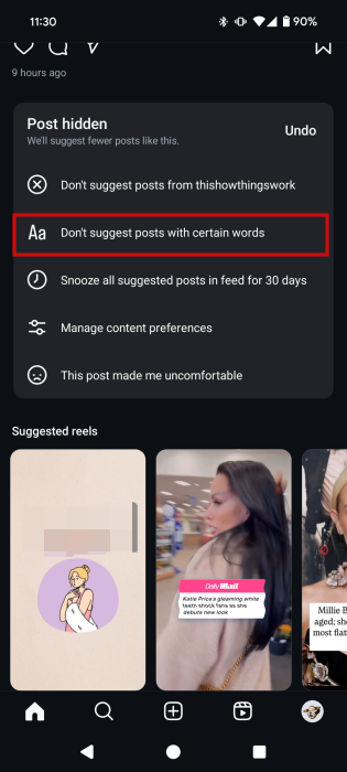 Tapping on "Don't suggest posts with certain words" option in Instagram settings for Suggested Posts.