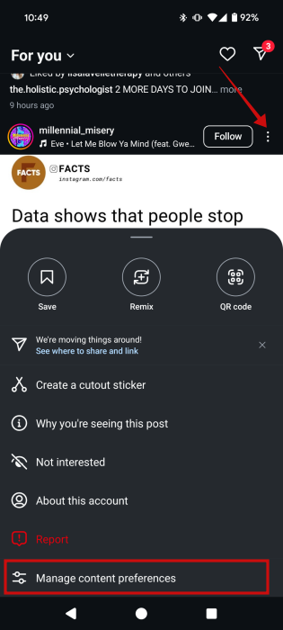 Tapping on "Manage content preferences" option in Instagram app.