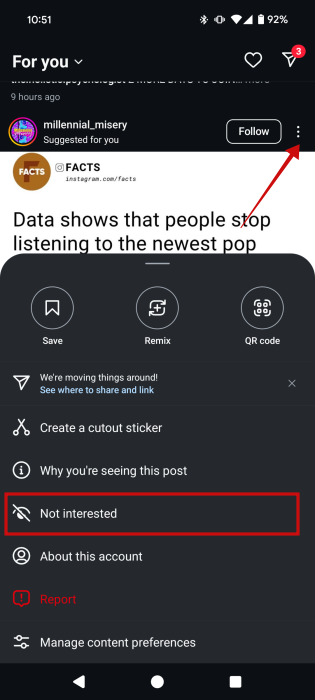 Tapping on "Not interested" option in Instagram settings for Suggested Post.