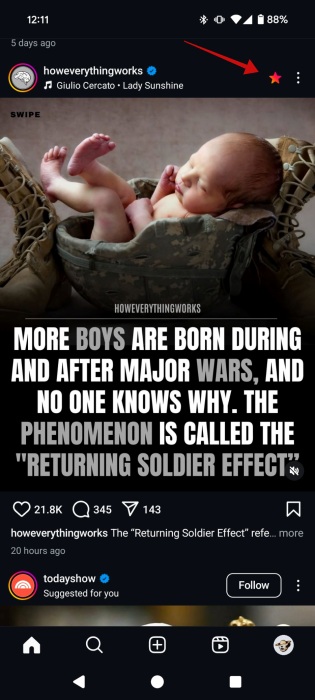 Red star indicating post from Favorites account in Instagram feed.