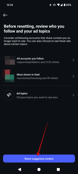 Confirming resetting suggestions in Instagram app.
