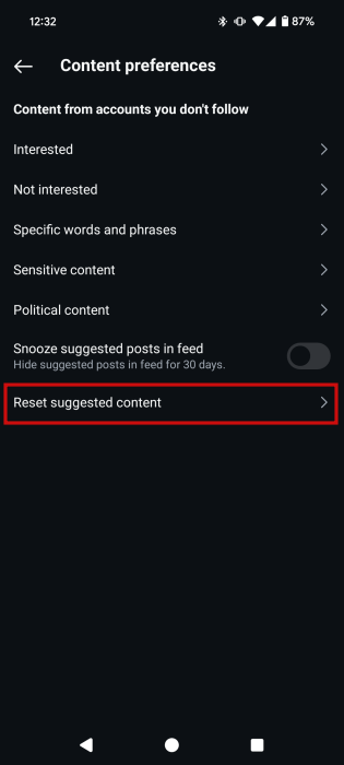 Selecting in "Reset suggested content" in "Content preferences" menu in Instagram app.