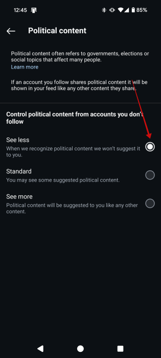 Selecting "Show less" for "Political content" in Suggested Post preferences in Instagram.