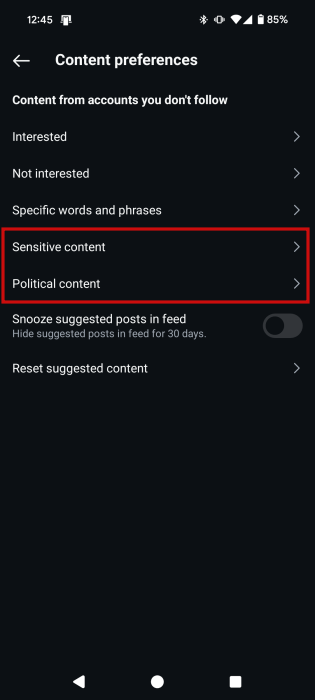 Viewing more options under "Content preferences" in Instagram app.