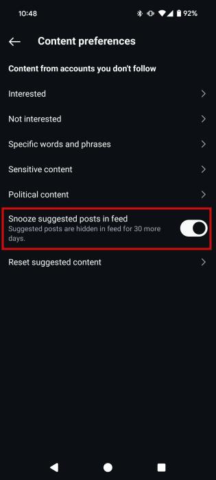Enabling the toggle "Snooze suggested posts in feed" in Instagram app.